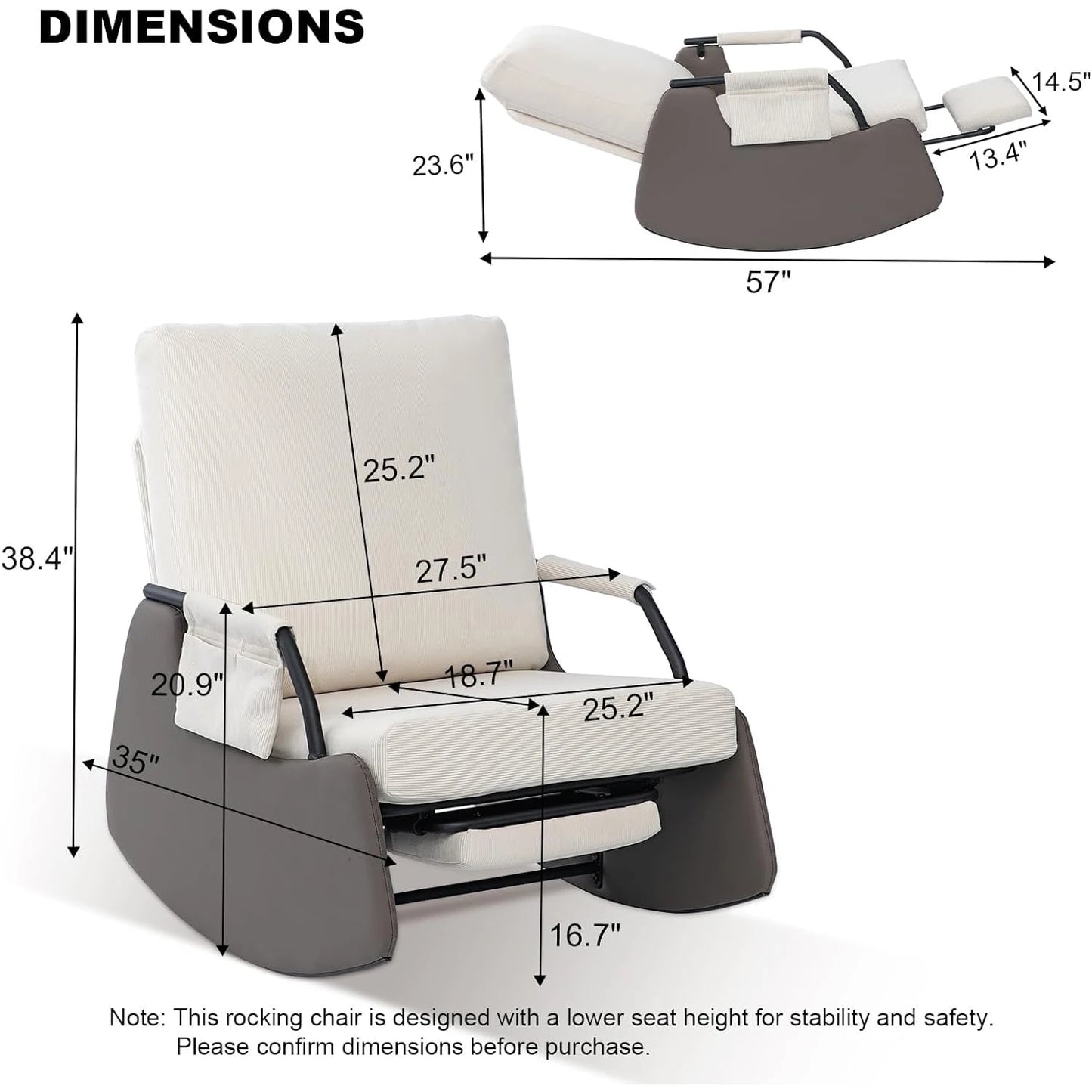 Rocking Recliner Chair With Side Pocket 3 Level Adjustable