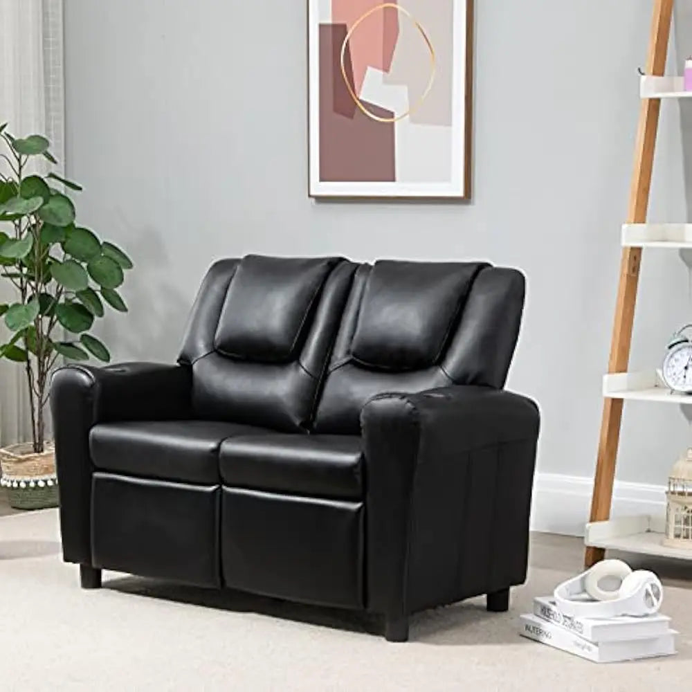 Double Recliner Chair With Cup Holder PU Leather Kids Sofa
