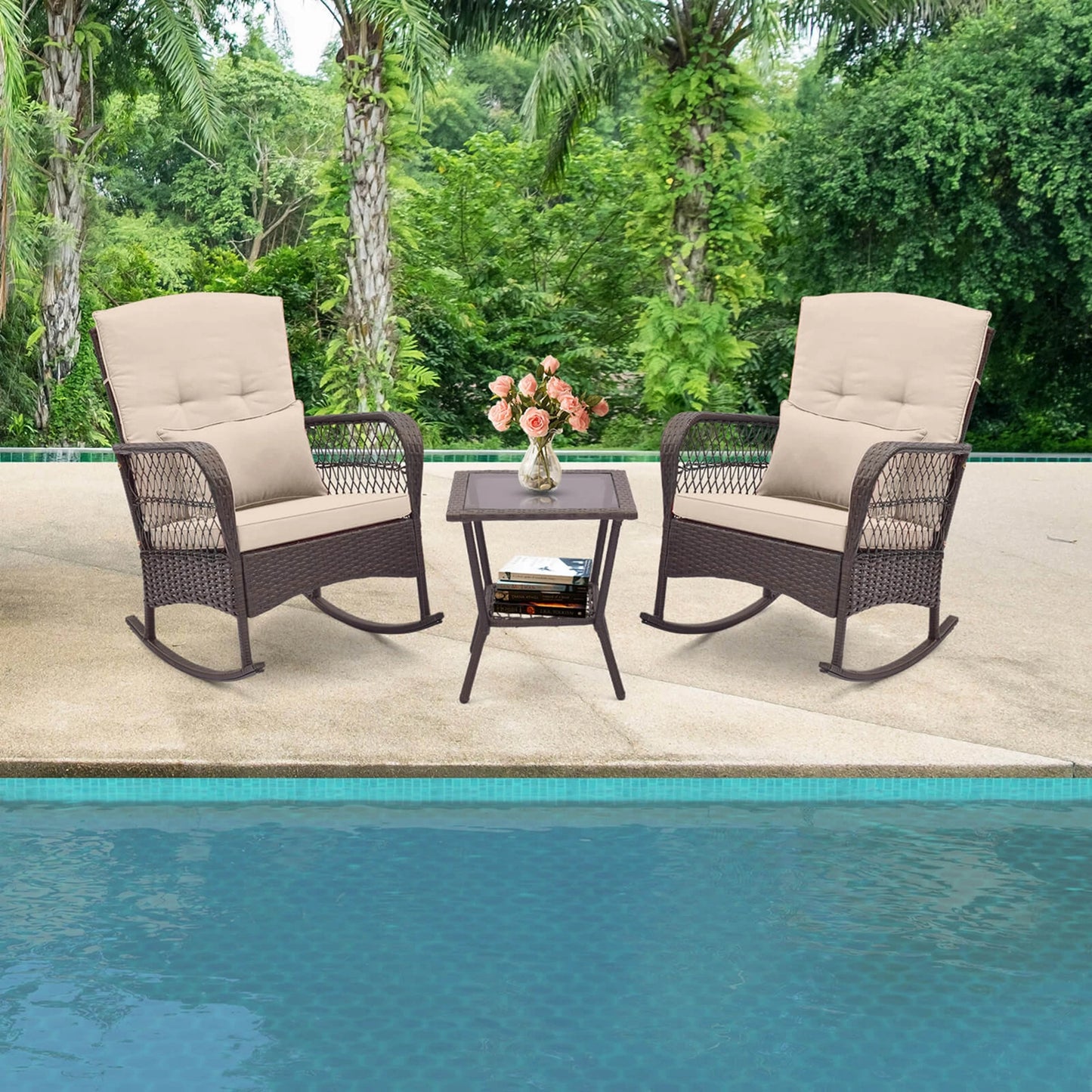 3 Piece Patio Rocker Set Outdoor Wicker Rocking Chairs with Double Layer Coffee Table Beige