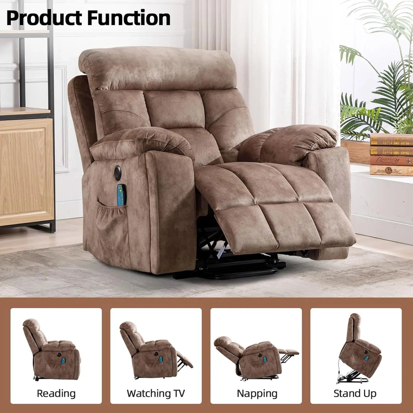 Massage and Heat Recliner for Elderly Big and Tall People Overstuffed Wide Chair with 2 Cup Holders Side Pocket and USB Port Camel