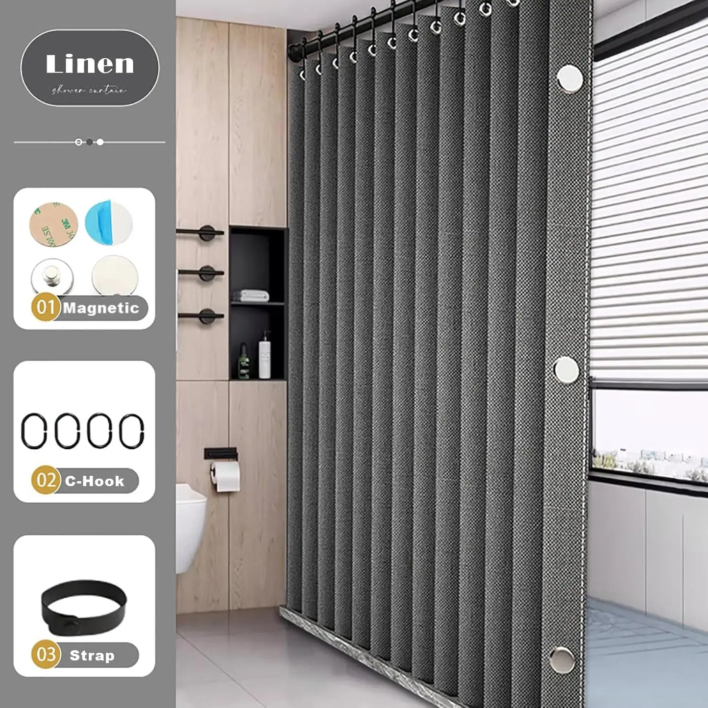 Bathroom Folding Linen Shower Curtain With Magnets