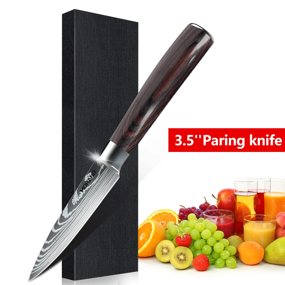 5PCS Japanese Kitchen Knives Set Professional Laser Damascus Pattern Stainless Steel Meat Cleaver Slicer Knife