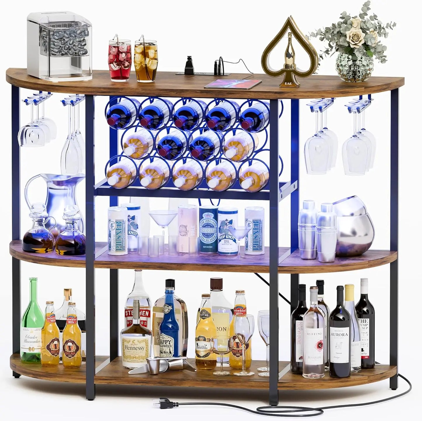 Wine Bar Cabinet with Lights and Outlet 4-Tier Freestanding Storage Rack in Brown Minimalist Modern Design