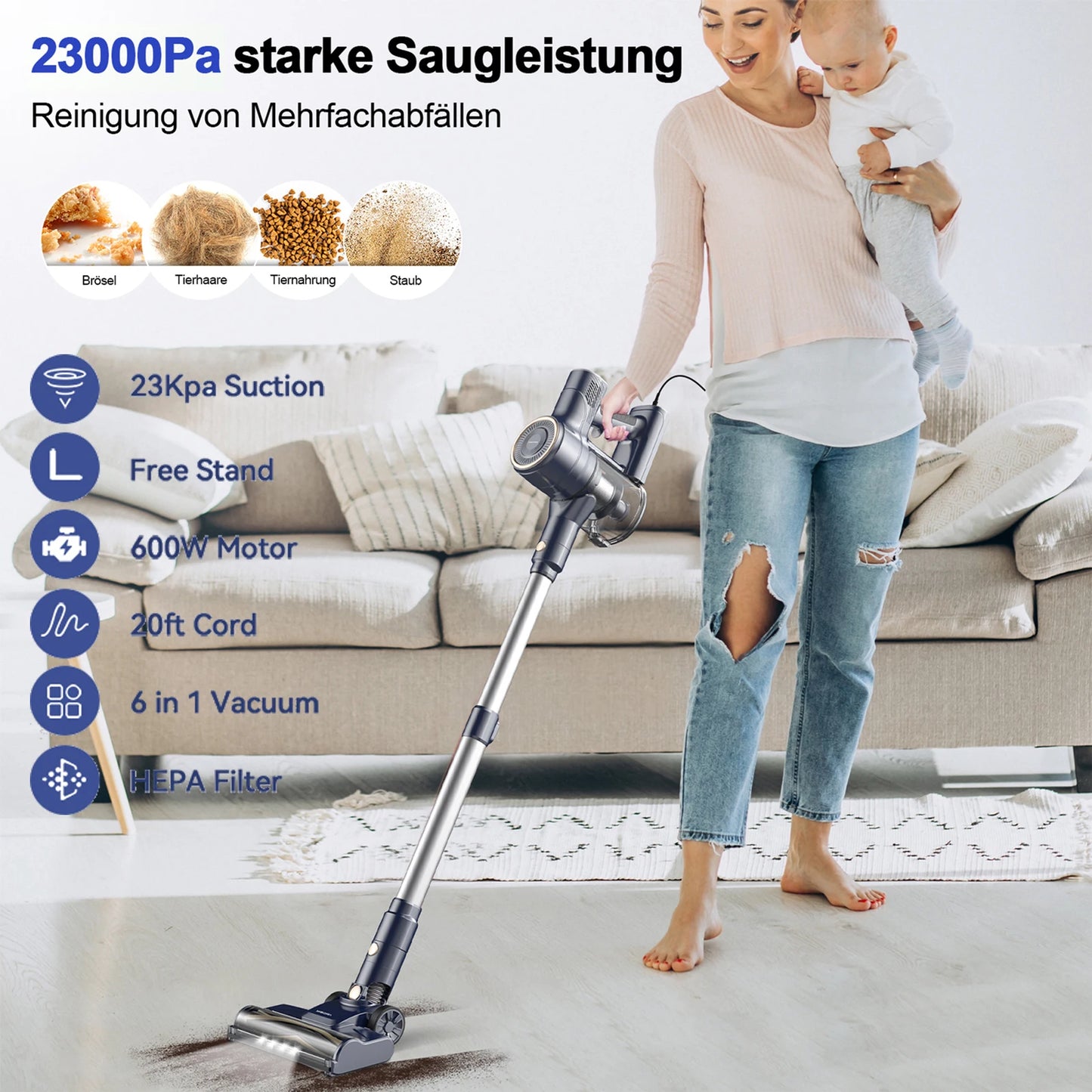 I8 Corded Vacuum Cleaner 23000Pa 6m Cord For Floors