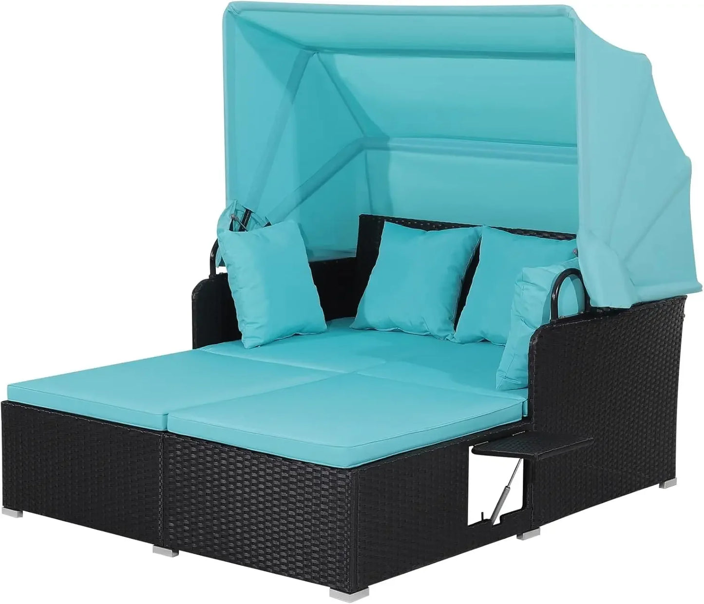 Outdoor Hand Woven PE Wicker Daybed Patio Loveseat Sofa Set with Retractable Canopy and 2 Side Tables