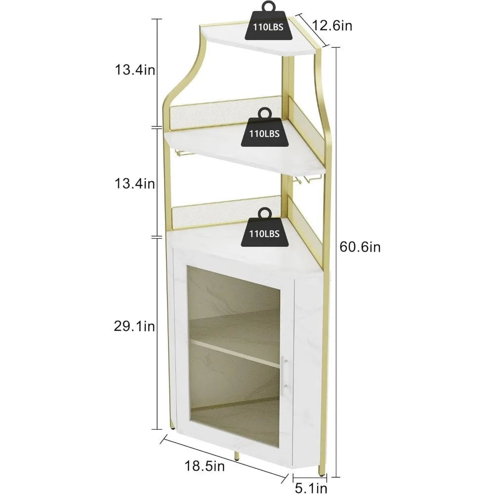 Corner Bar Wine Cabinet with LED Lights 5-Tier Industrial Wine Cabinet with Glass Holder Modern Liquor Cabinet White and Gold
