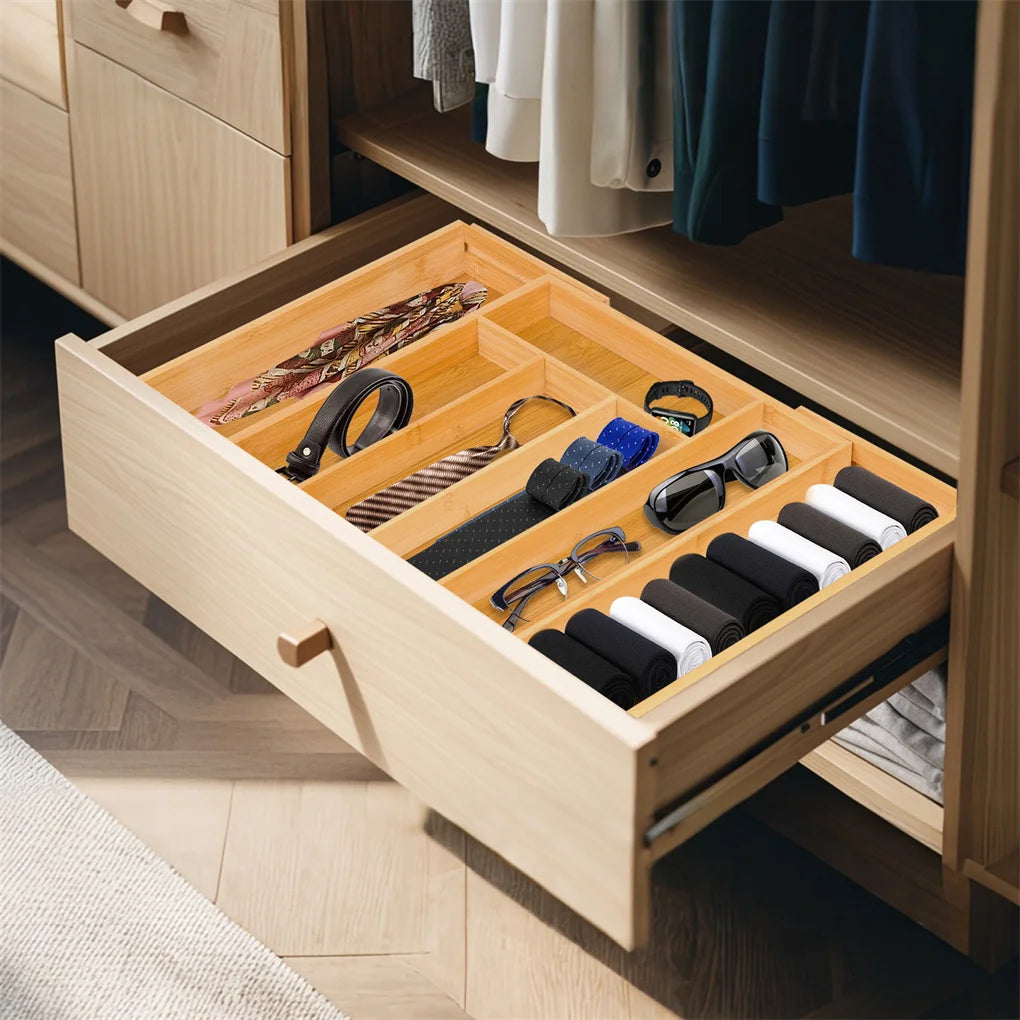 Expandable Bamboo Kitchen Drawer Organizer Adjustable Cutlery Tray for Utensils Silverware and Flatware 5 to 7 Slots