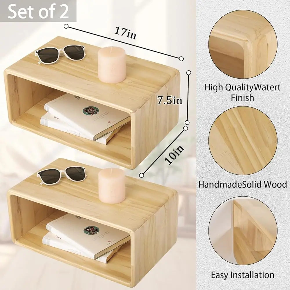 Floating Nightstand Set 2 Wall Mounted Pine Wood Table