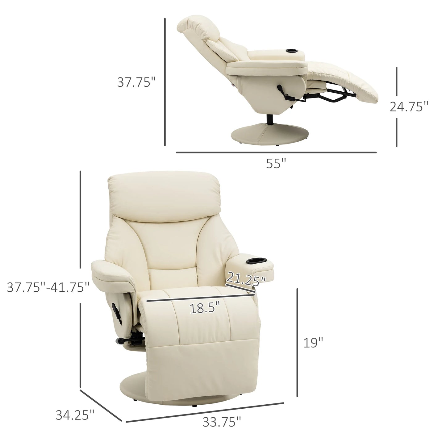Pu Leather Manual Recliner Armchair With Cup Holder Pocket for Living Room Cream