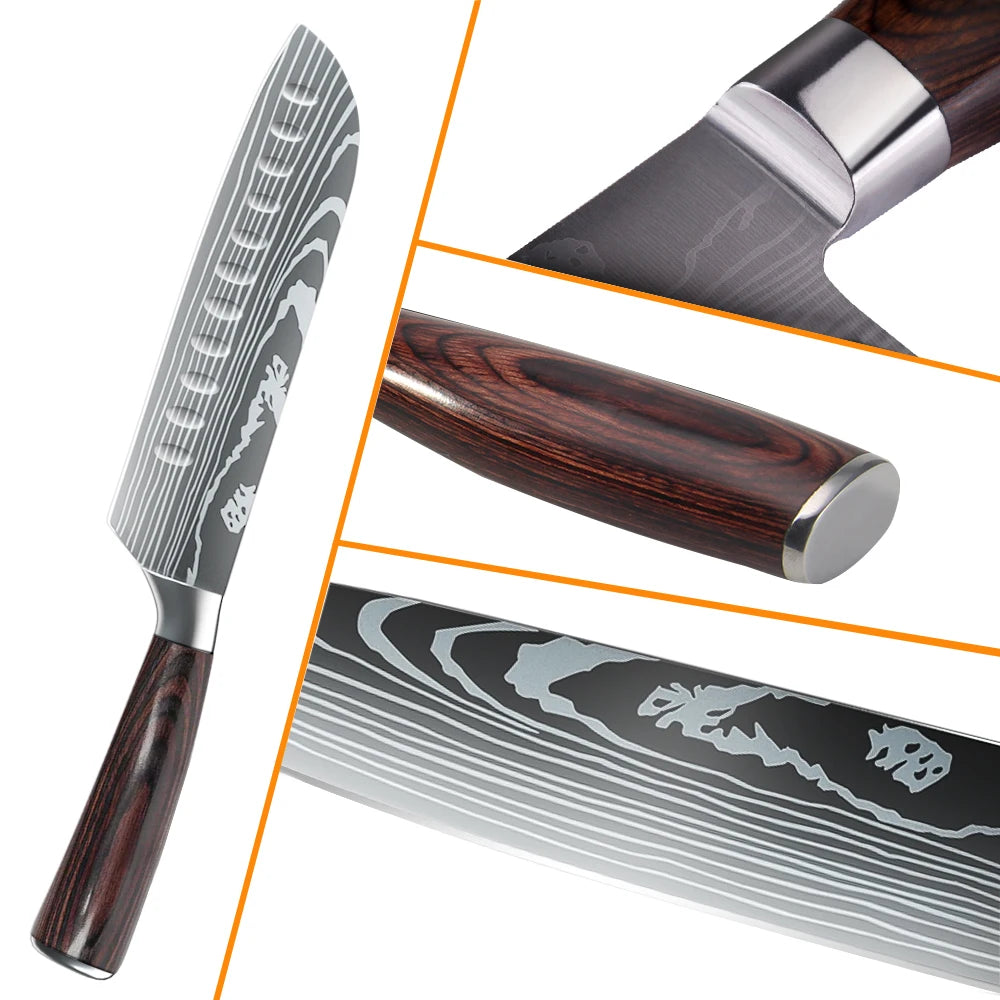 5PCS Japanese Kitchen Knives Set Professional Laser Damascus Pattern Stainless Steel Meat Cleaver Slicer Knife