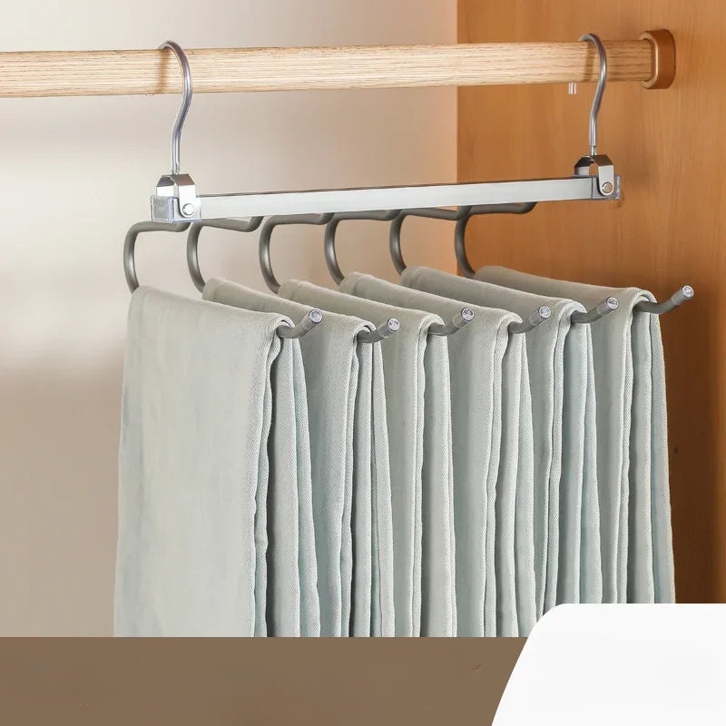 6 Layers Aluminum Pants Hangers Space Saving Jeans Scarf Organizer Multi Functional Closet Heavy Rack for Slacks Skirt Trousers Black
