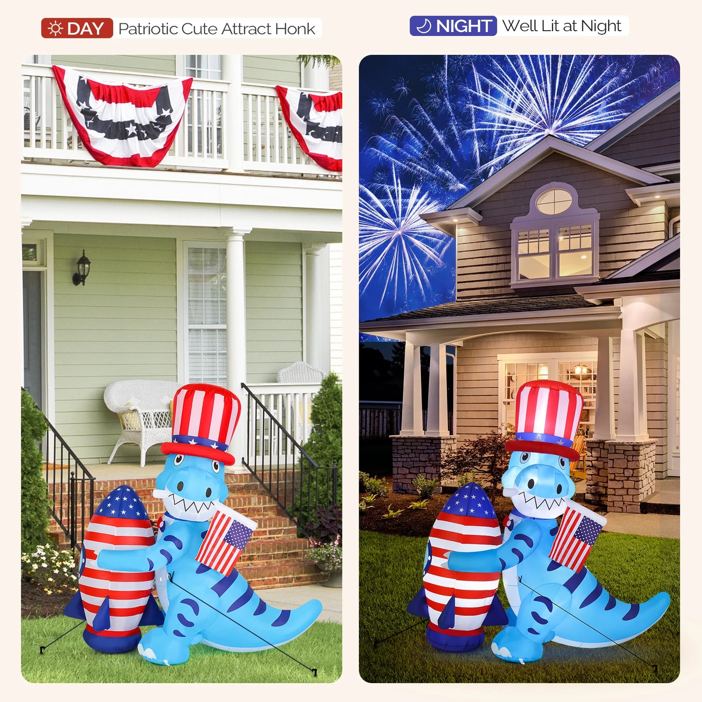 5ft Dinosaur Holding Rocket Independence Day Blow Up Lighted Decoration with 4 LED Lights