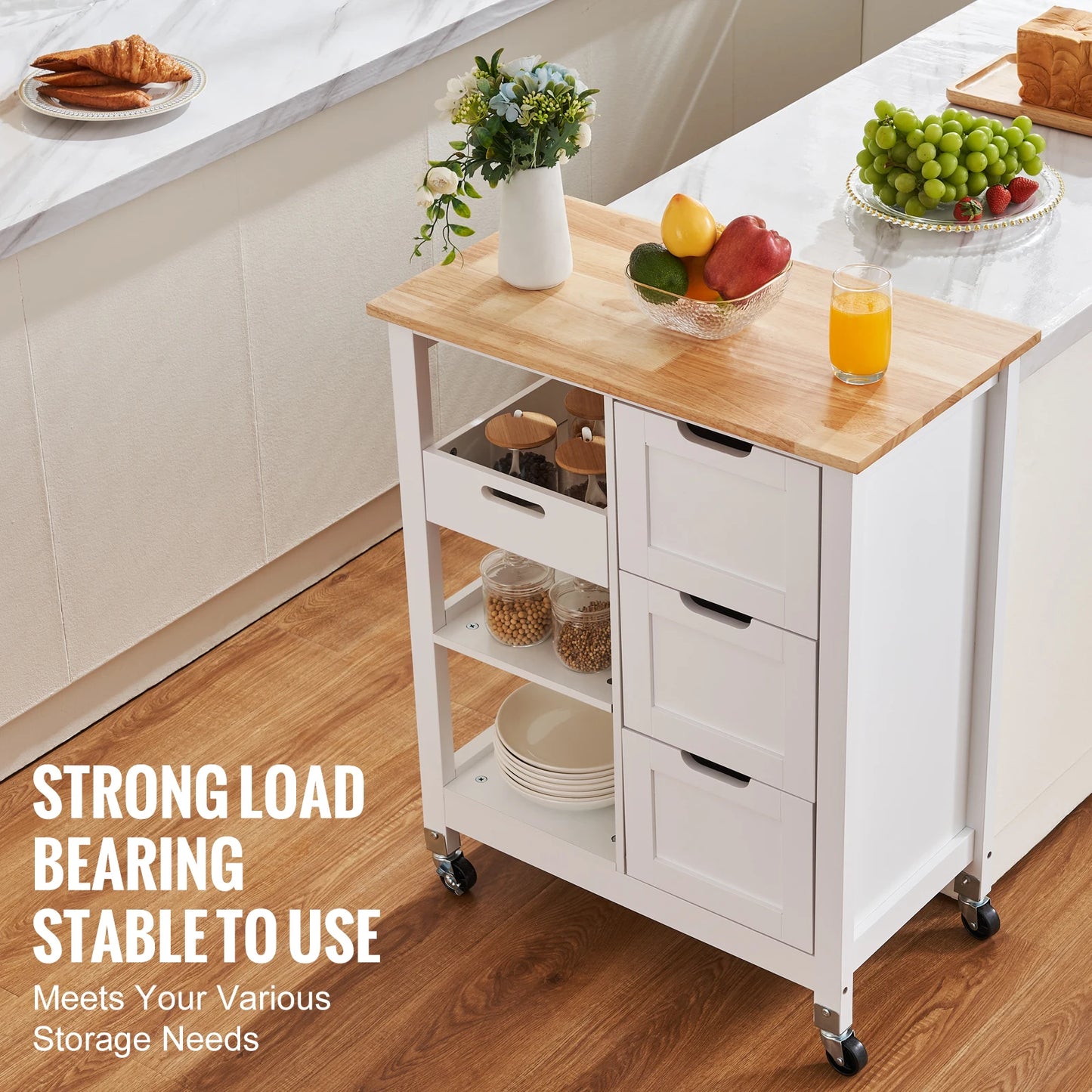 SucceBuy Kitchen Island Cart With Wood Top Drawers Shelves