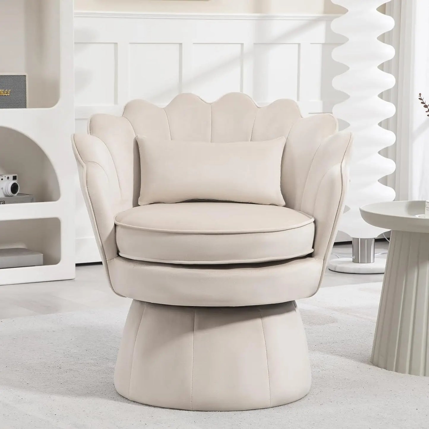360° Swivel Accent Chair, Mid-Century Modern Velvet Barrel Chair, Comfy Shell Shape Arm Chair with Lumbar Pillow for Living Room
