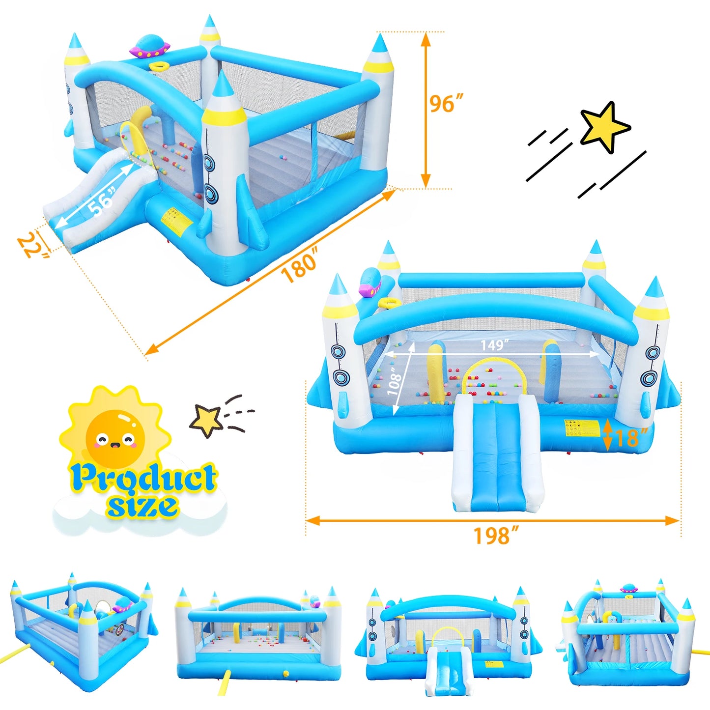 Kids Inflatable Bounce House With Long Slide Basketball Hoop Heavy Duty Oxford Fabric For Family Backyard Fun