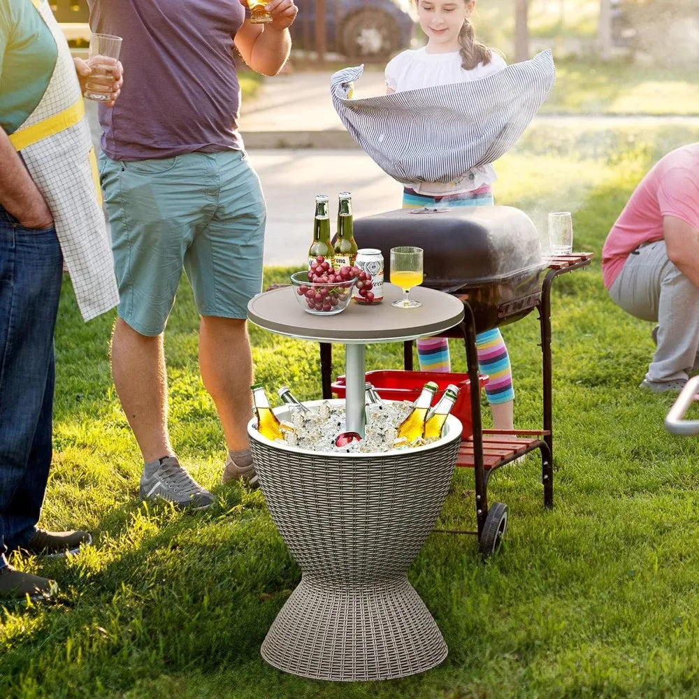Outdoor Cool Bar Table 8 Gallon Beer and Wine Cooler Height Adjustable Rattan Style Cocktail Patio Bar Tables