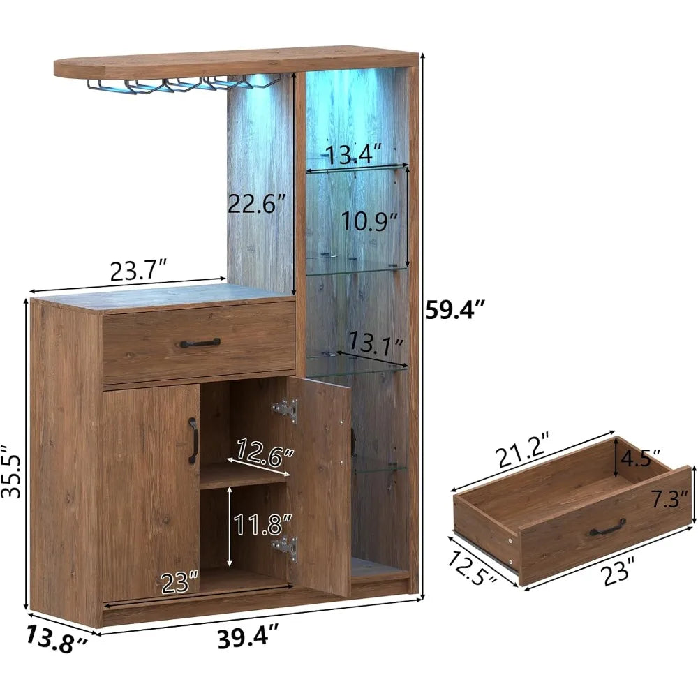 LED Bars Cabinet with Wine Glass Holder and Glass Display Cabinet Coffee Bars with Storage and Two Drawers for Home Dining Room