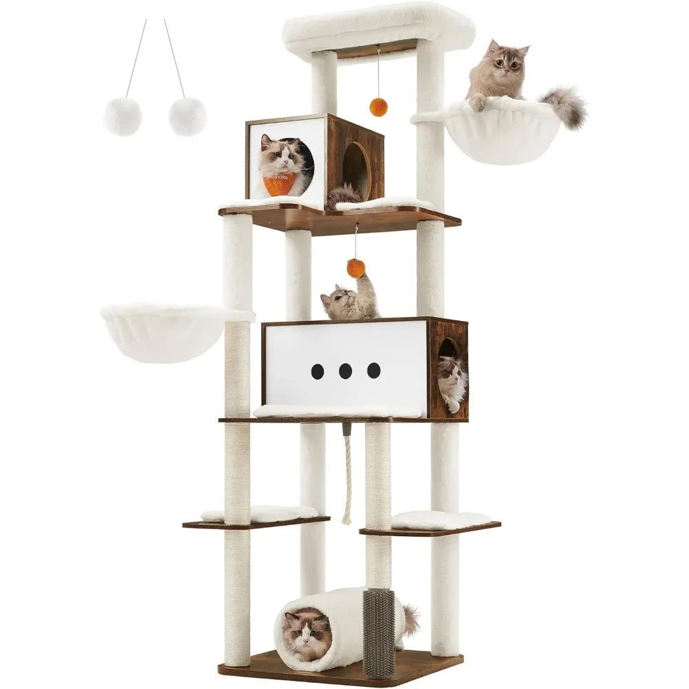 Cat Tree 77.5 Inch Tall Modern Cat Tower for Large Indoor Cats Multi Level Cat Condo with 2 Caves 2 Hammocks 4 Scratch Posts Heather Griege