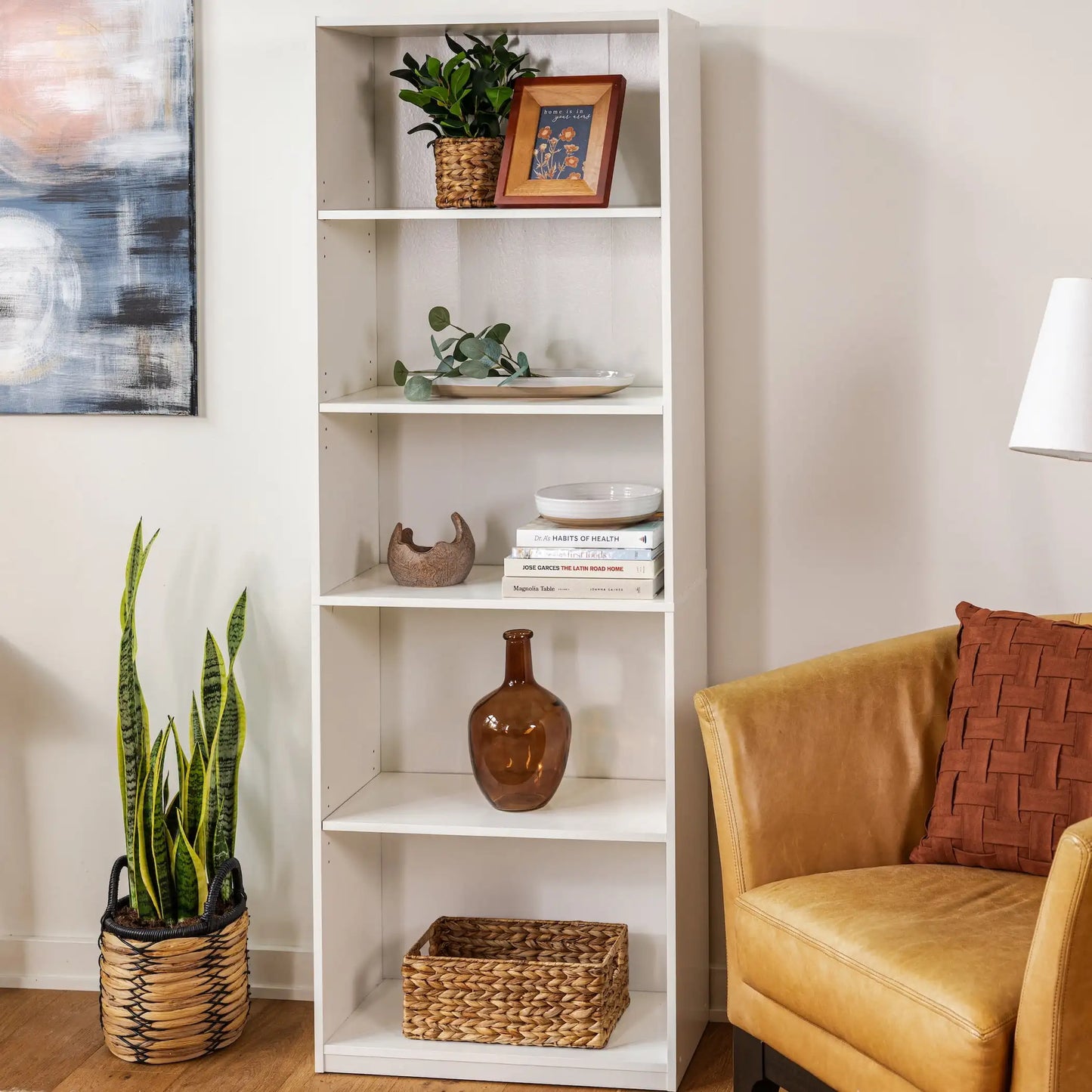 5 Shelf Bookcase with Adjustable Shelves Solid Wood Closed Back Display Bookshelf for Living Room Bedroom Home and Office White