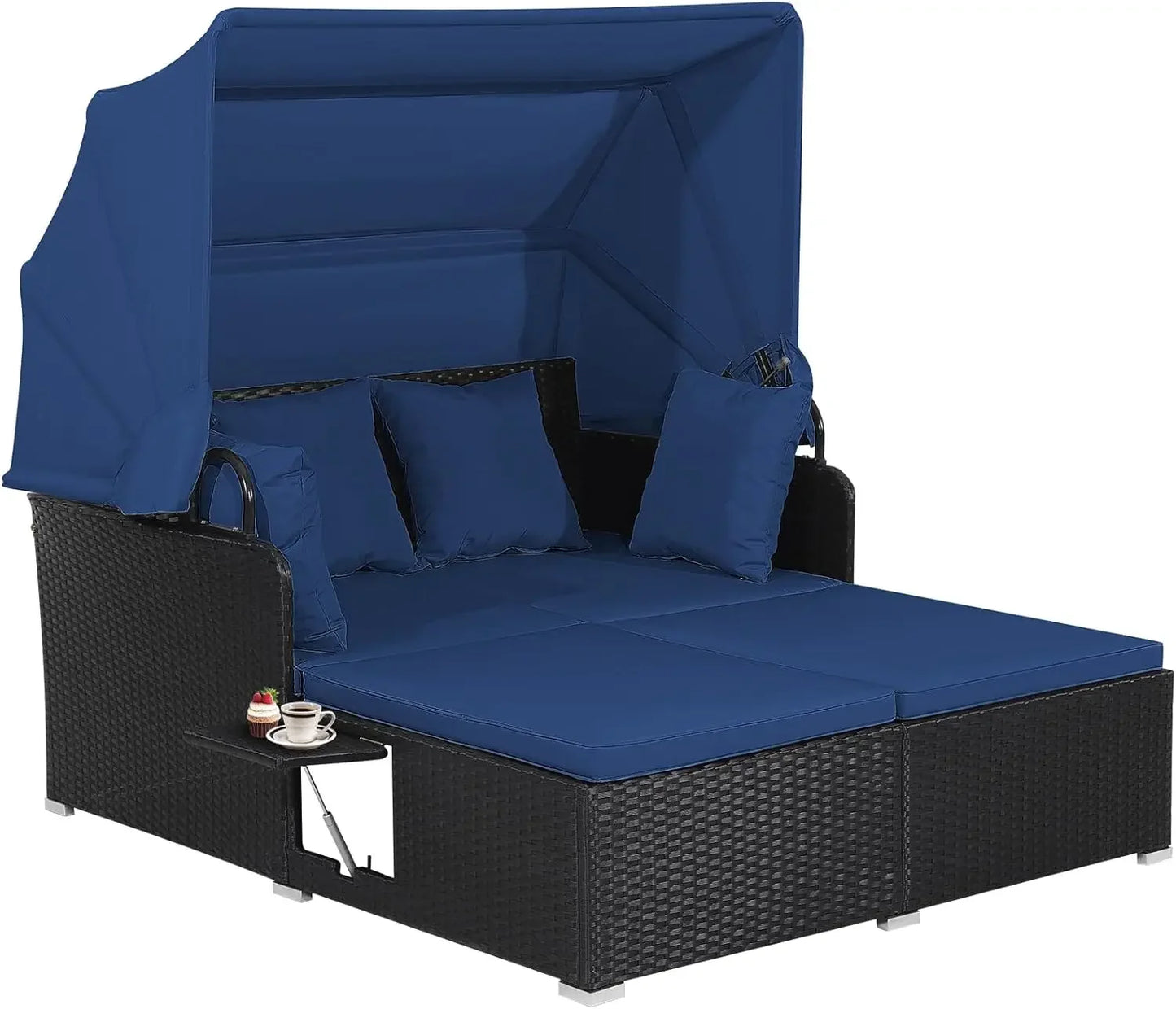 Outdoor Hand Woven PE Wicker Daybed Patio Loveseat Sofa Set with Retractable Canopy and 2 Side Tables