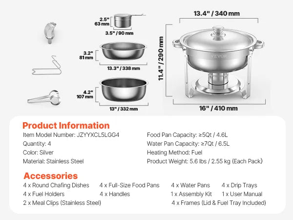 Vevor 4 Pack Chafing Dish Buffet Set Stainless Steel Chafer