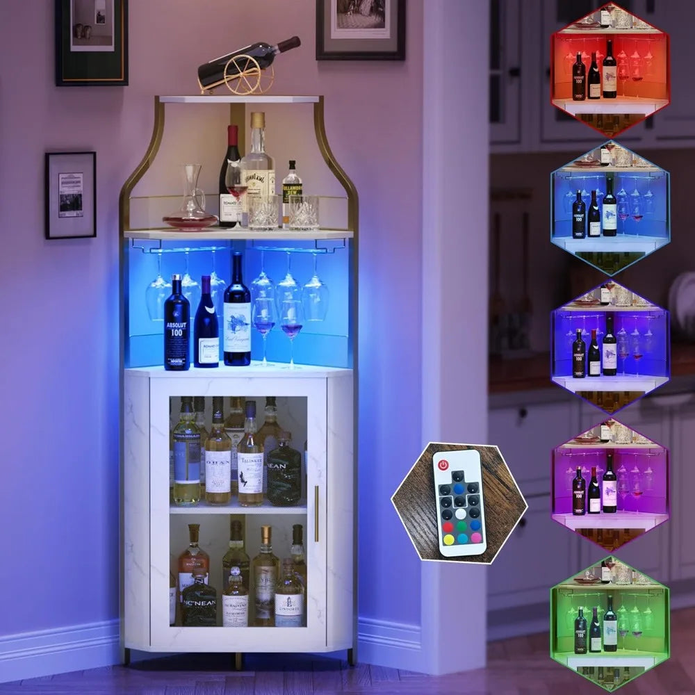 Corner Bar Wine Cabinet with LED Lights 5-Tier Industrial Wine Cabinet with Glass Holder Modern Liquor Cabinet White and Gold