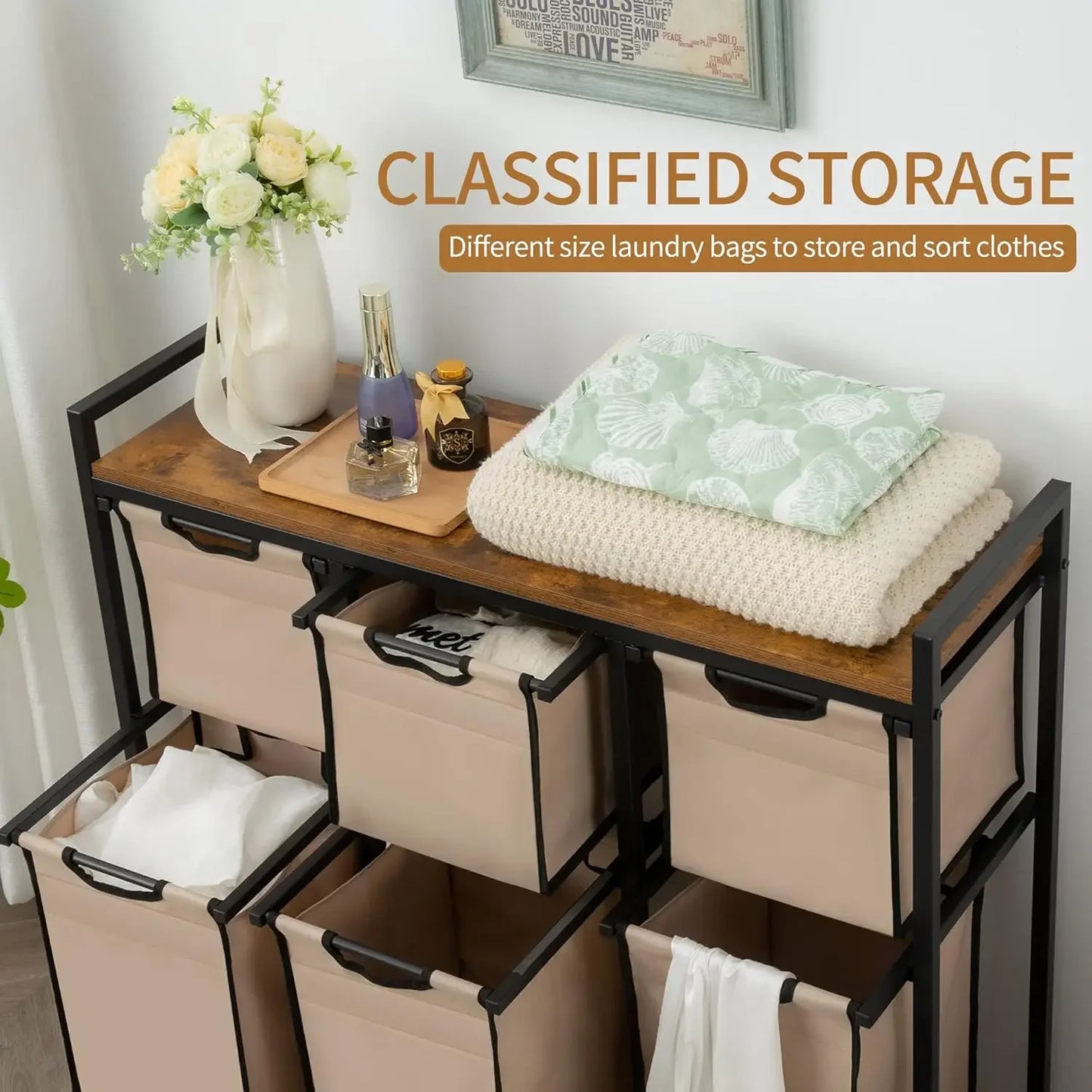 Laundry Basket Organizer with 6 Sliding Sorter Bags Hampers for Laundry 6 Compartments Plastic Bag House Organization
