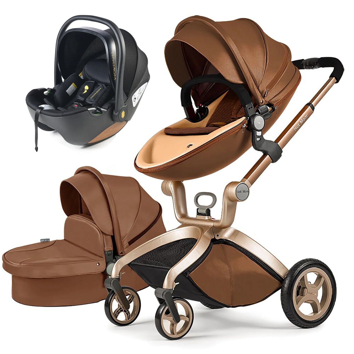 Hot Mom F22 Baby Stroller 3 In 1 Adjustable Seat Aluminum Frame Solid Rubber Tires Rain Cover Mosquito Net Large Storage Basket