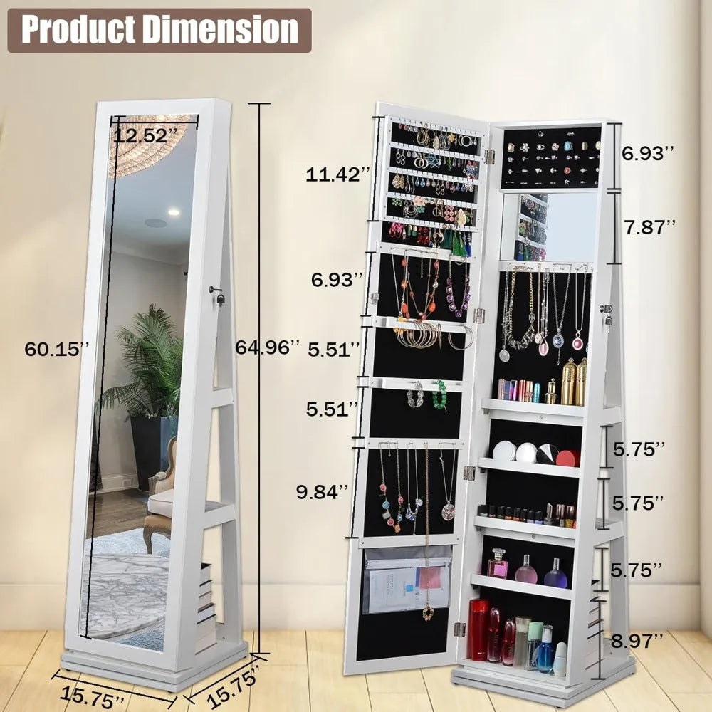 65 Inch Standing Mirror Jewelry Cabinet 360 Swivel