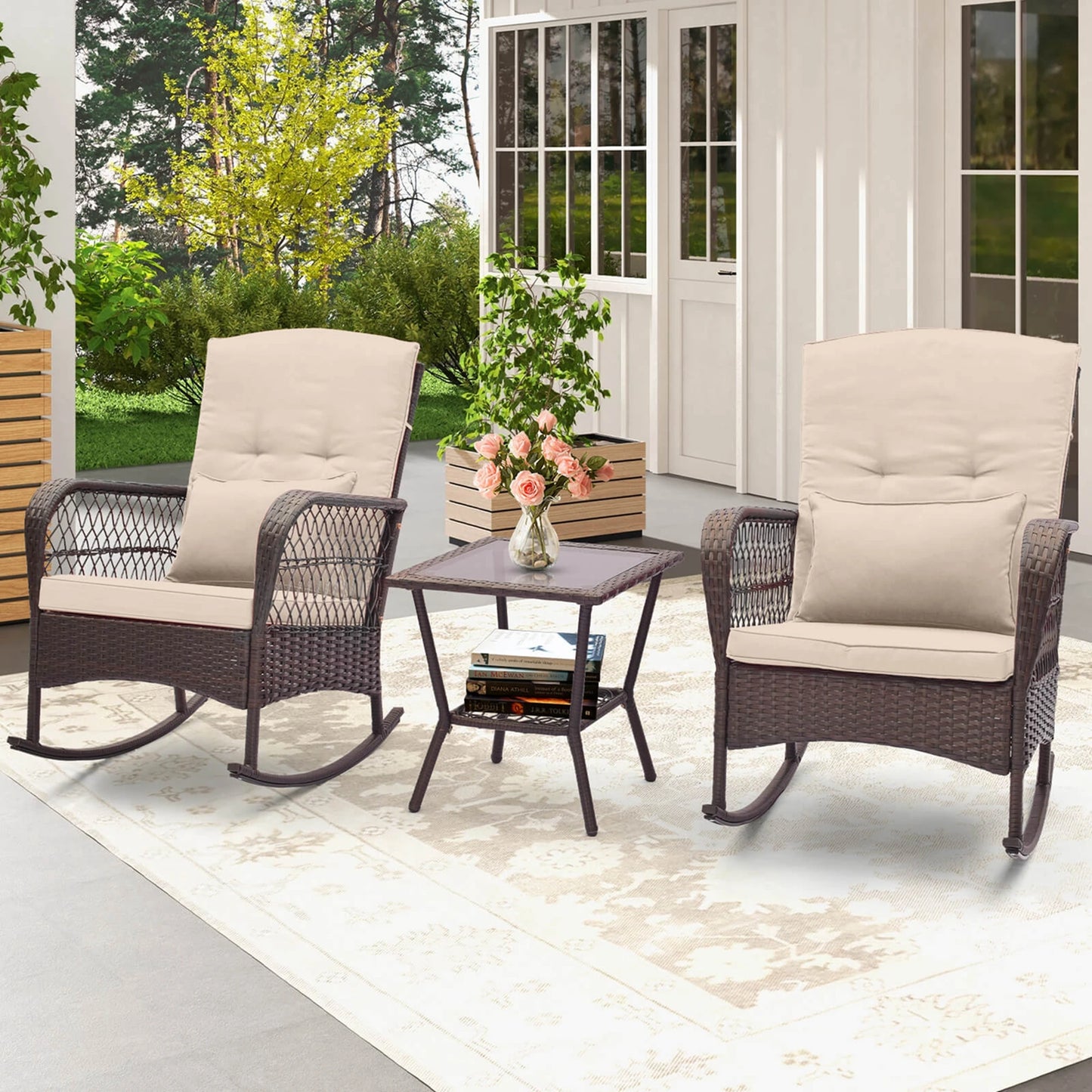 3 Piece Patio Rocker Set Outdoor Wicker Rocking Chairs with Double Layer Coffee Table Beige