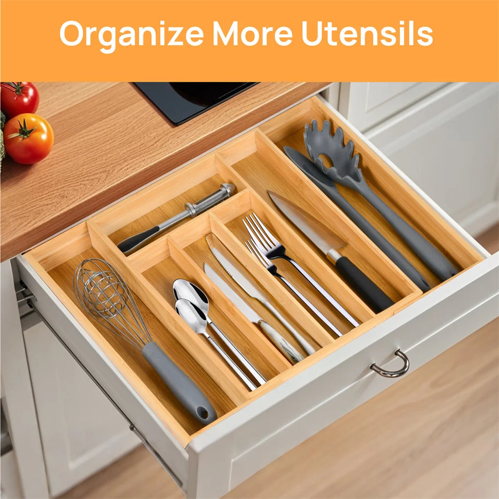 Expandable Bamboo Kitchen Drawer Organizer Adjustable Cutlery Tray for Utensils Silverware and Flatware 5 to 7 Slots