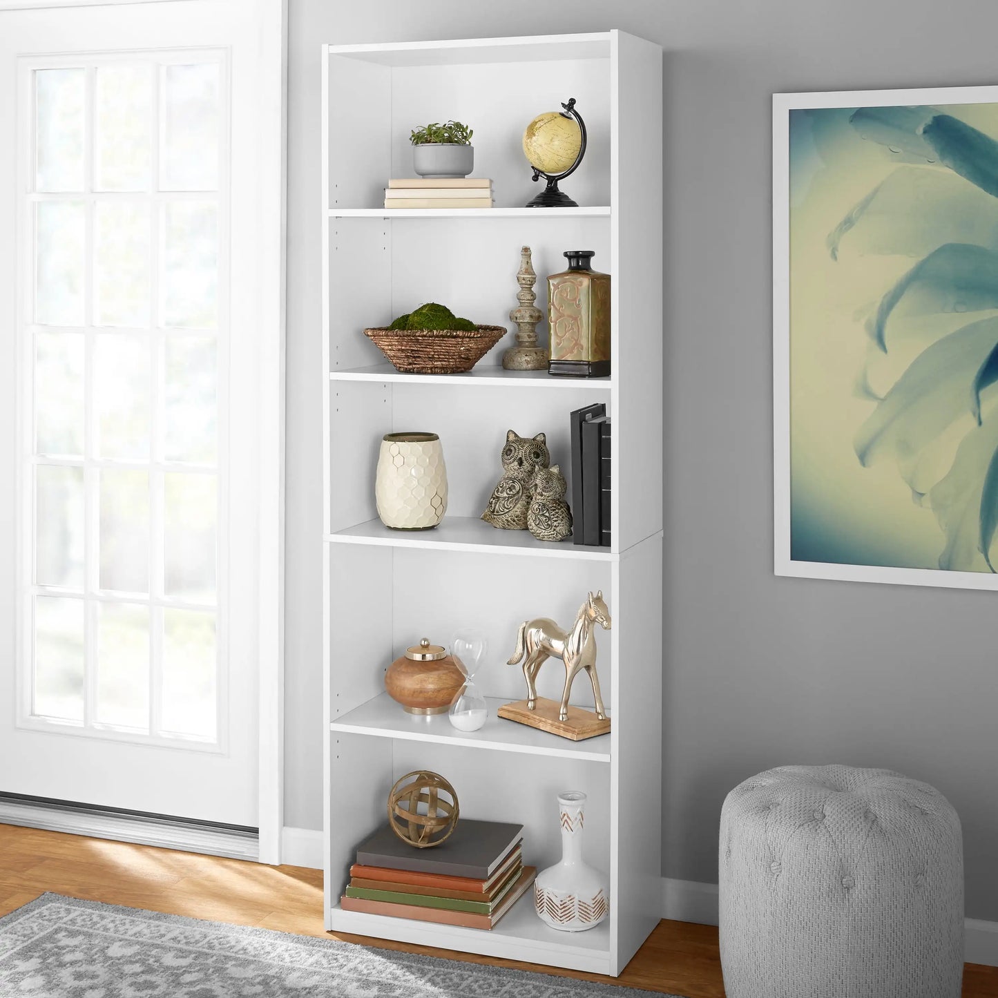 5 Shelf Bookcase with Adjustable Shelves Solid Wood Closed Back Display Bookshelf for Living Room Bedroom Home and Office White