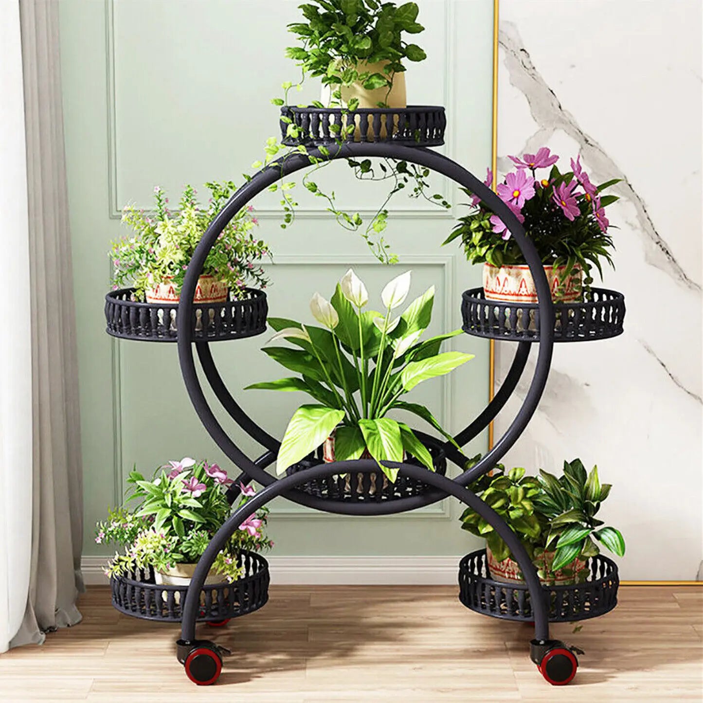 4 Layer 6 Pots Flower Holder Plant Stand Shelf 4 Wheel Free Moving Display Rack for Balcony and Garden