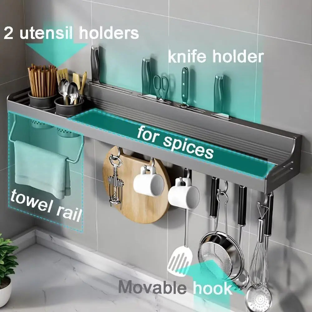 Wall Mounted Spice Rack With Hooks For Kitchen Utensils