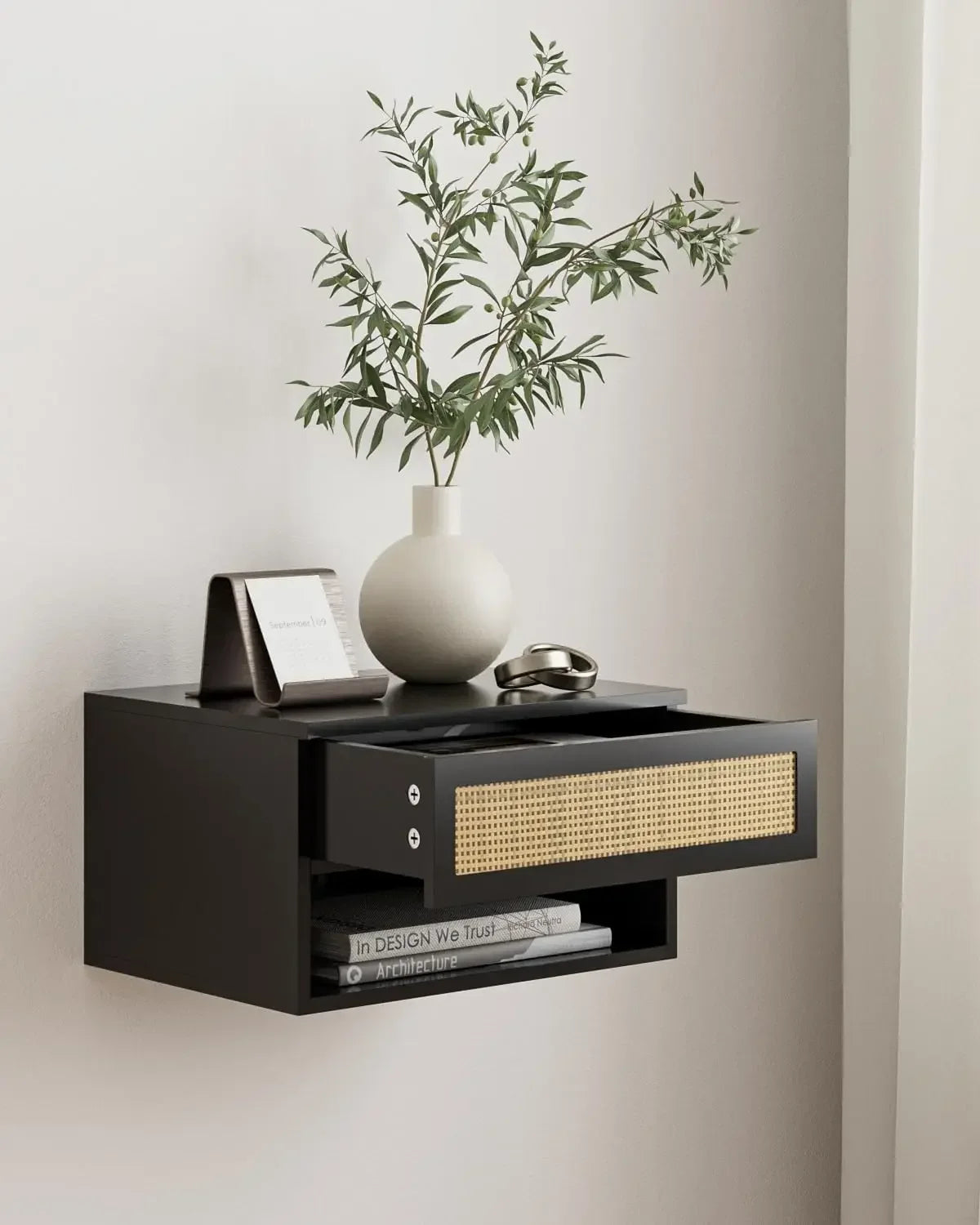 Floating Nightstand With Drawer Black Rattan For Bedroom