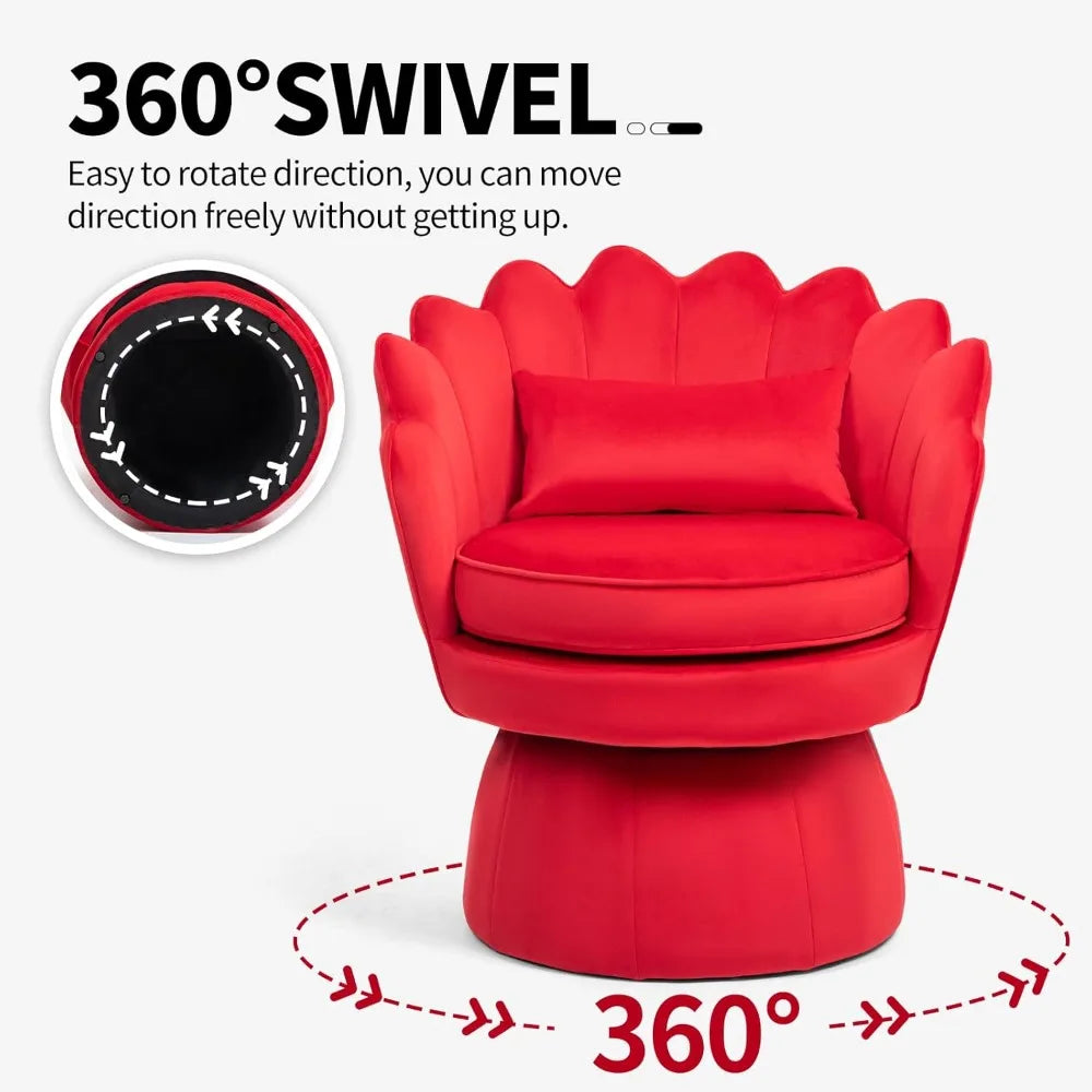360° Swivel Accent Chair, Mid-Century Modern Velvet Barrel Chair, Comfy Shell Shape Arm Chair with Lumbar Pillow for Living Room