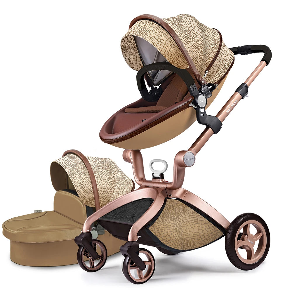 Hot Mom F22 Baby Stroller 3 In 1 Adjustable Seat Aluminum Frame Solid Rubber Tires Rain Cover Mosquito Net Large Storage Basket