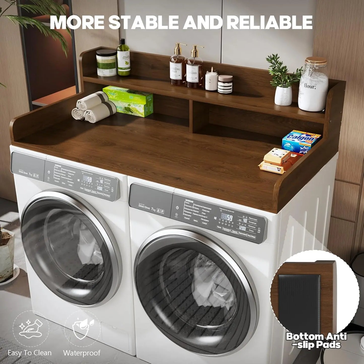 Customizable 2-Tier Washer and Dryer Countertop with 2.75" H Guard,54" W x 27.5" D Laundry Countertop Cover with Non-Slip Pad,La