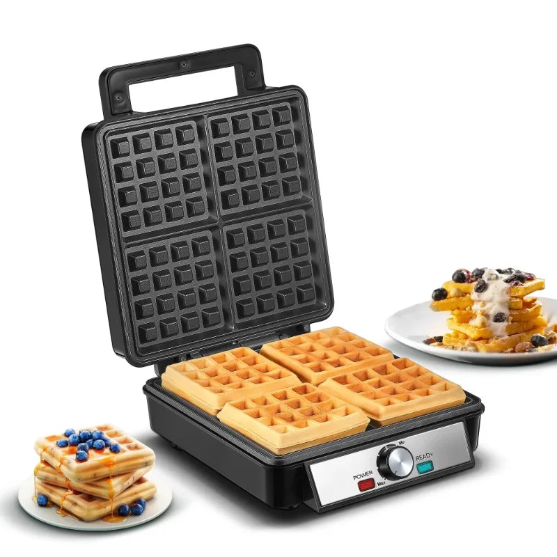 FOHERE Four Waffle Maker Electric Belgian Black Stainless