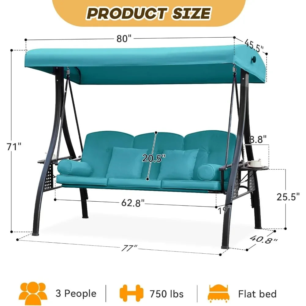 Outdoor Porch Swing with Adjustable Canopy Three Seat Outdoor Swing for Adults Patio Swing Chair with Thickened Cushions Khaki