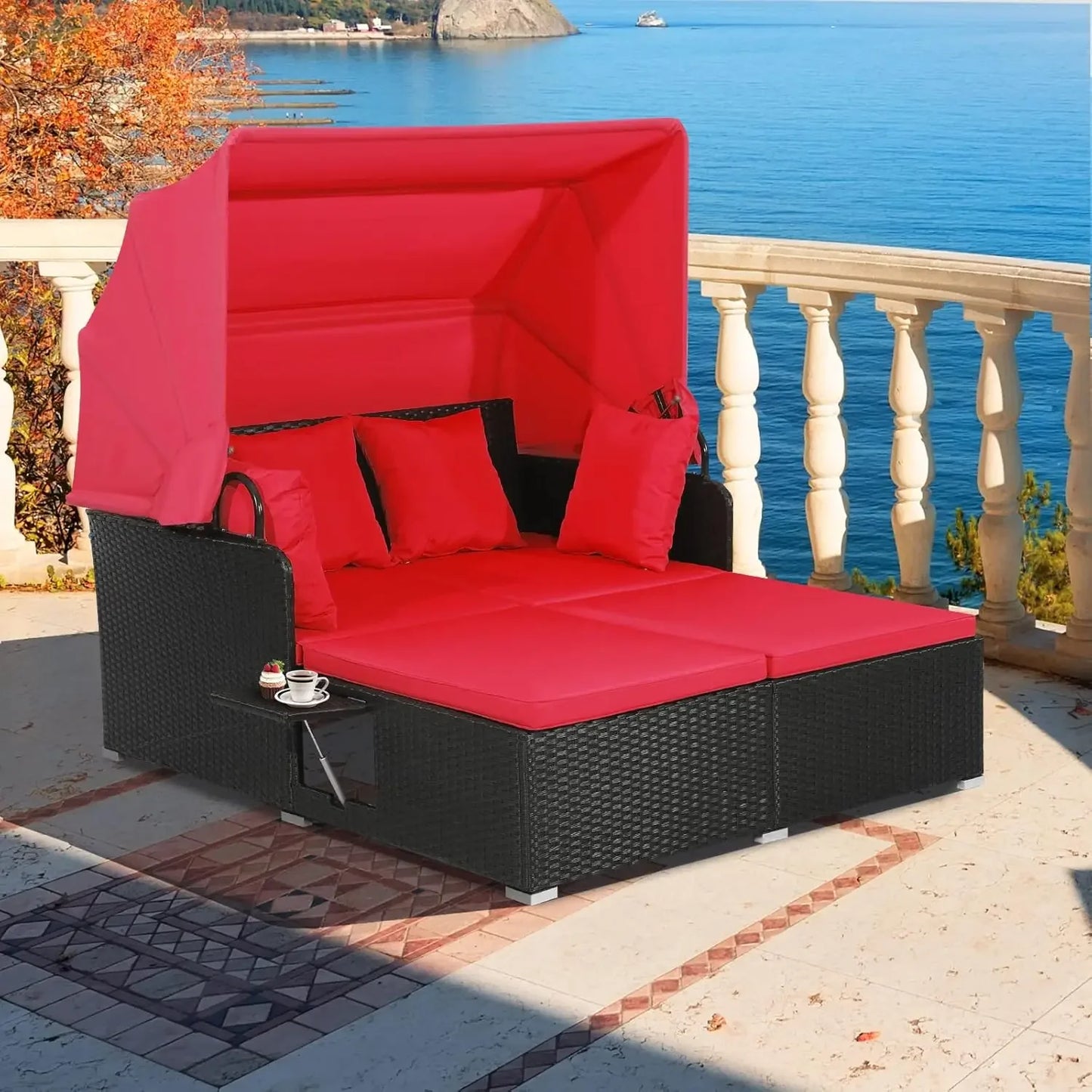 Outdoor Hand Woven PE Wicker Daybed Patio Loveseat Sofa Set with Retractable Canopy and 2 Side Tables
