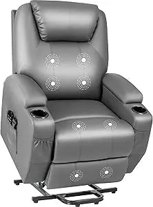 Power Lift Recliner Chair with Massage for Elderly PU Leather Modern Reclining Sofa Chair with Cup Holders and Remote Control