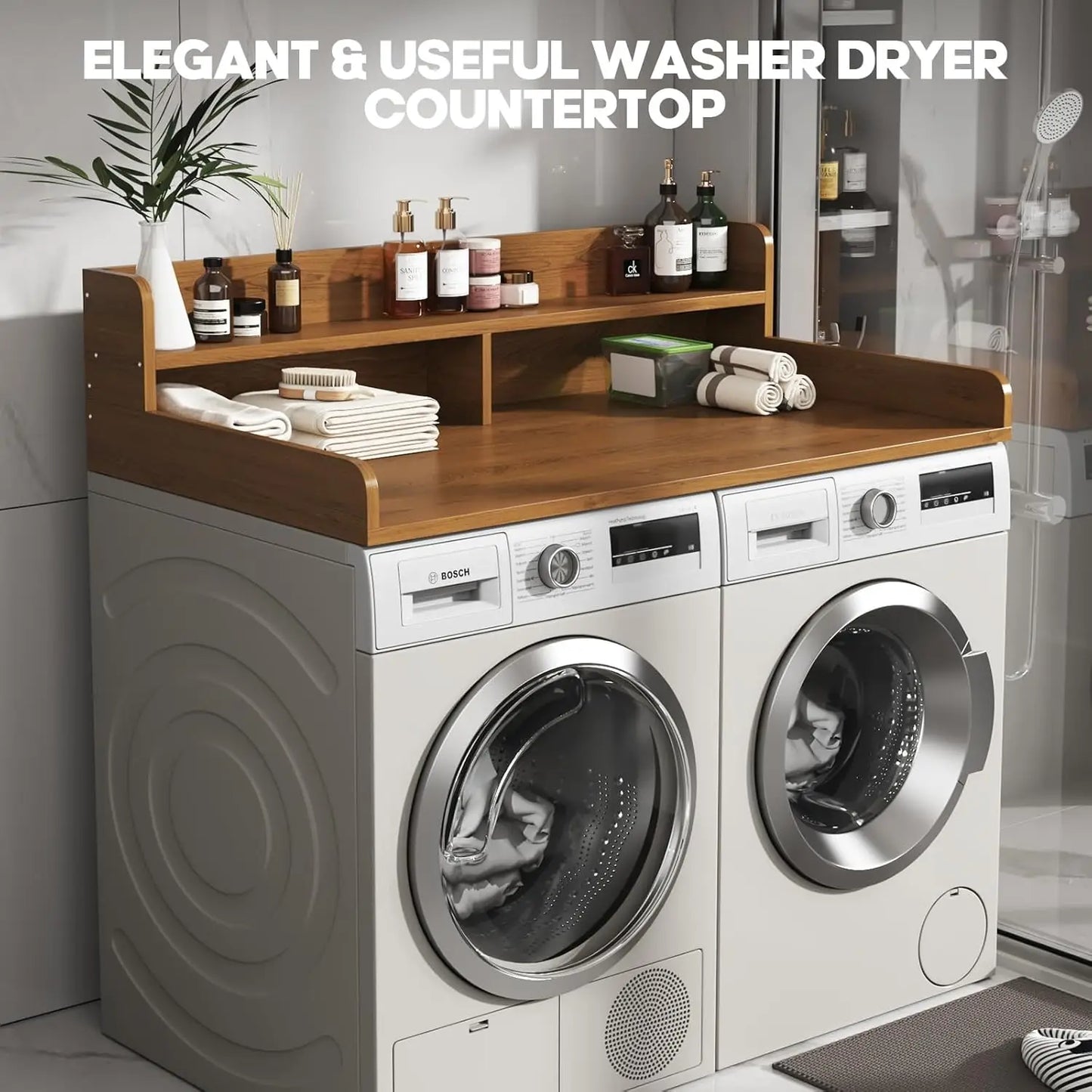 Customizable 2-Tier Washer and Dryer Countertop with 2.75" H Guard,54" W x 27.5" D Laundry Countertop Cover with Non-Slip Pad,La