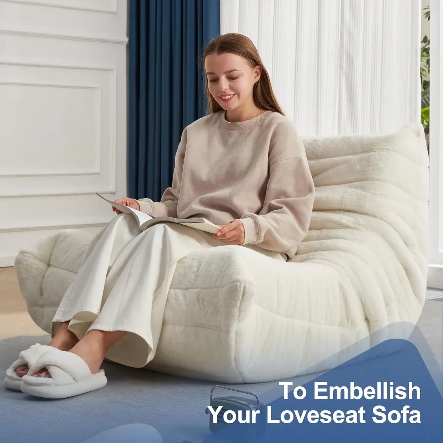 Giant Memory Foam Bean Bag Chair for Adults Big White Plush Faux Fur Sofa for Living Room Bedroom Dorm and Office