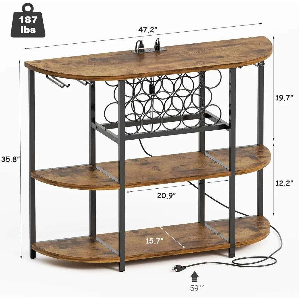 Wine Bar Cabinet with Lights and Outlet 4-Tier Freestanding Storage Rack in Brown Minimalist Modern Design