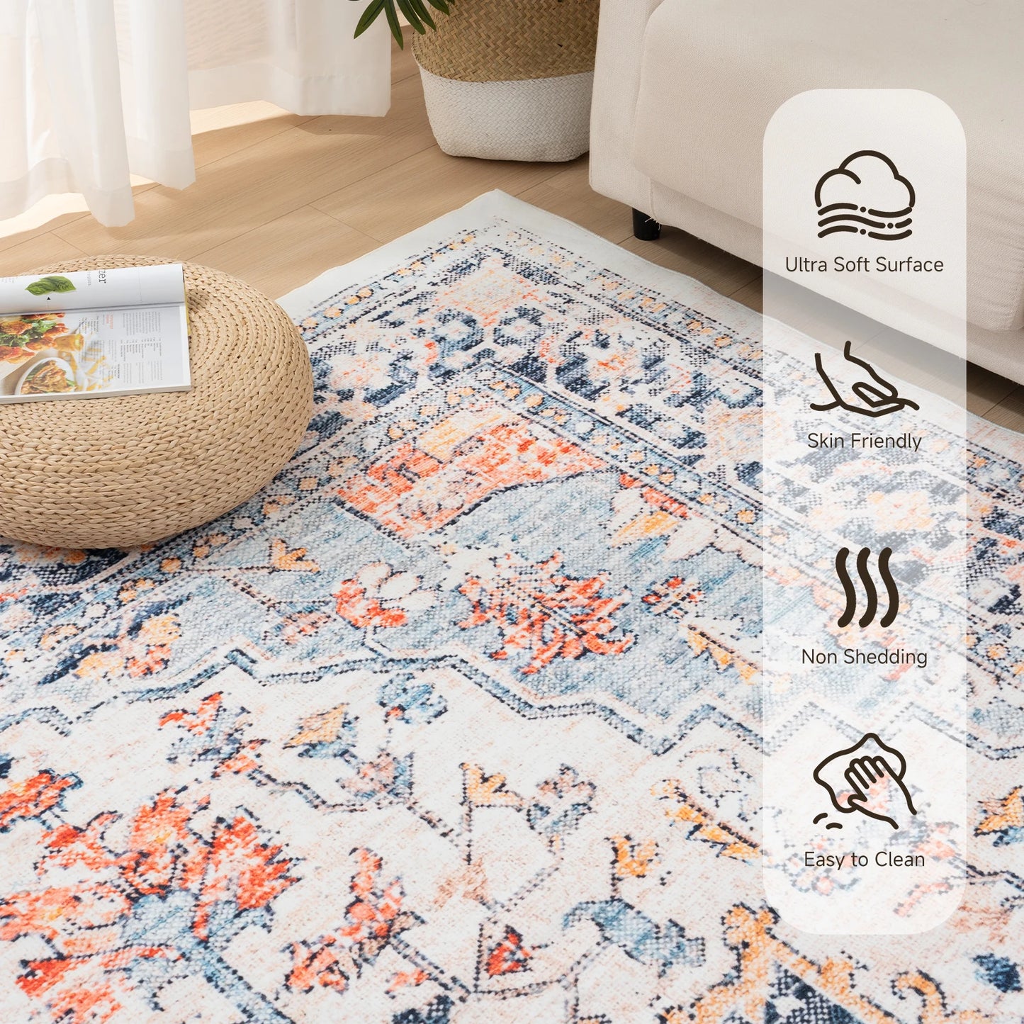Orhopui Vintage Boho Washable Non Slip Area Rug Living Room