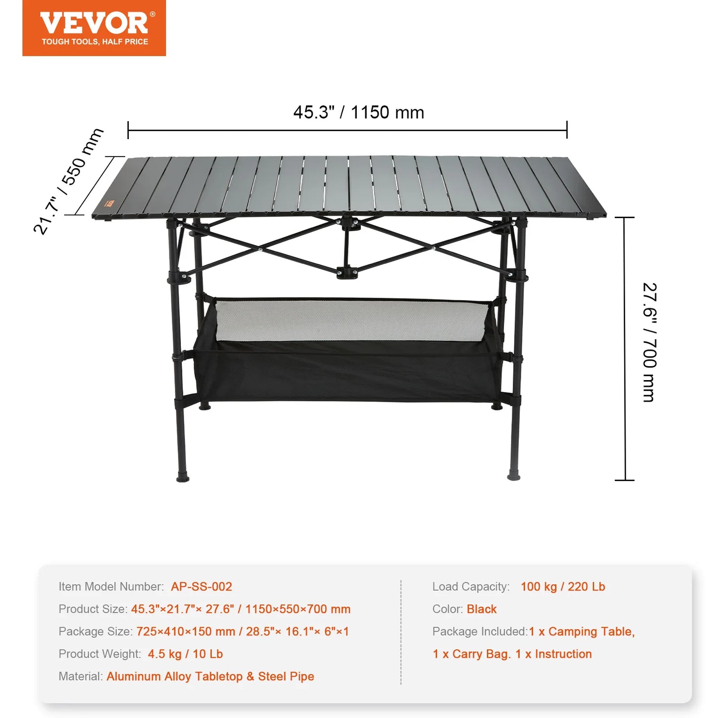 VEVOR 220lbs Outdoor Camping Folding Table with Black Storage Bag Aluminum Alloy BBQ Desk