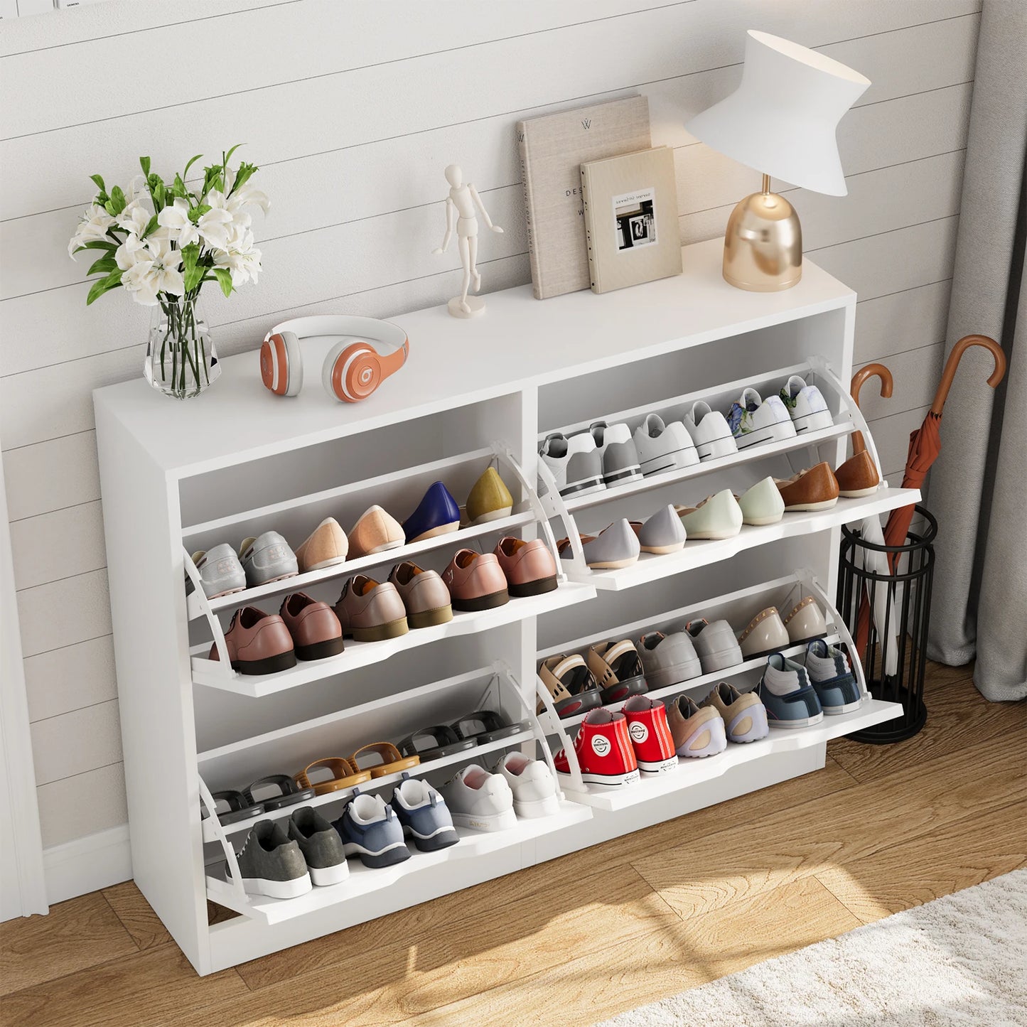 VOWNER Shoe Storage Cabinet with 4 Flip Drawers Freestanding Shoe Cabinet for Home Furniture