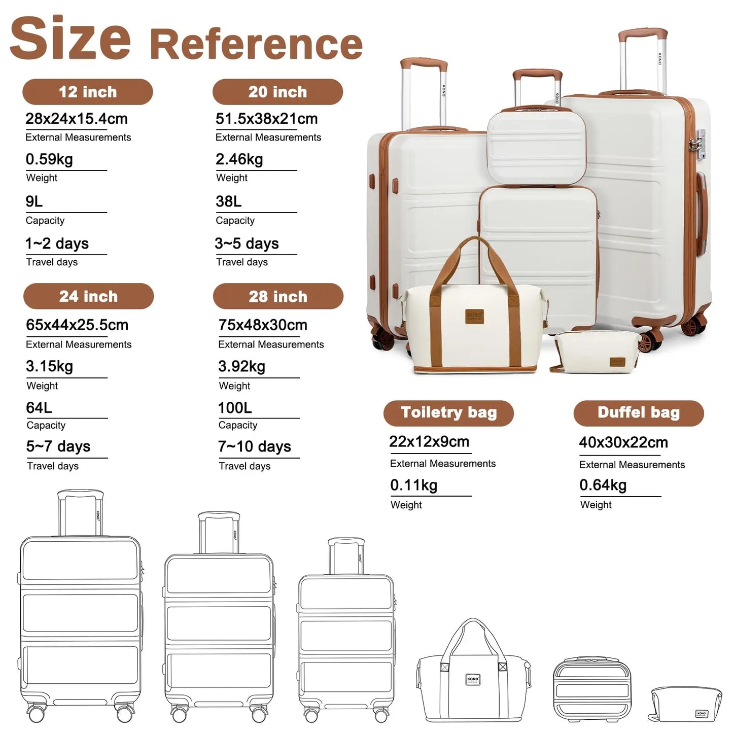 Kono 6 Piece Luggage Set ABS 20 24 28 Inches TSA Lock