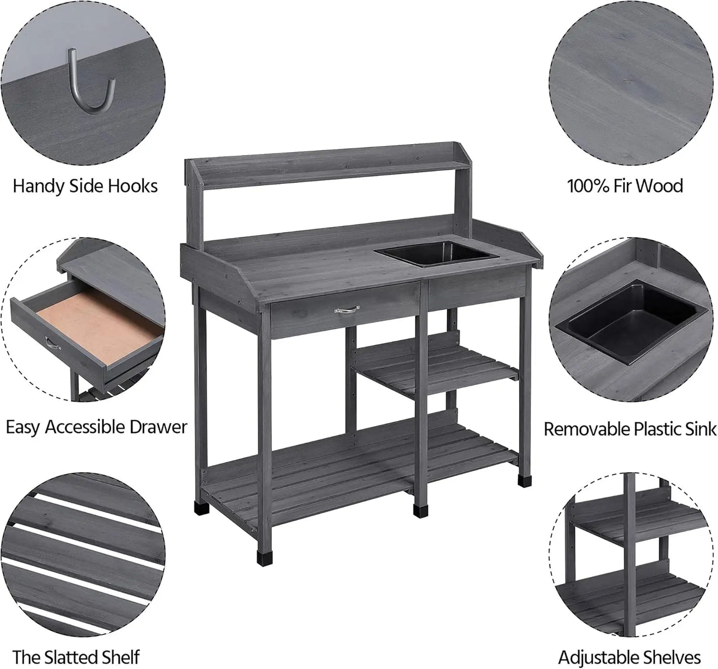 Outdoor Potting Bench Table Garden Workstation with Drawer Adjustable Shelf Removable Sink Hooks and Pads Gray
